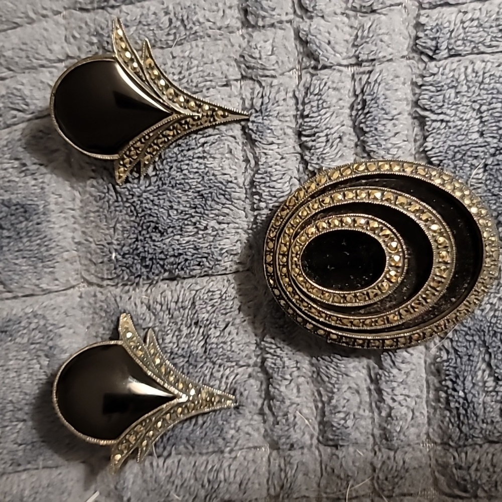Vintage Deco Onyx and Marcacite Earring, Pin/Pendant Set. Handmade Sterling.